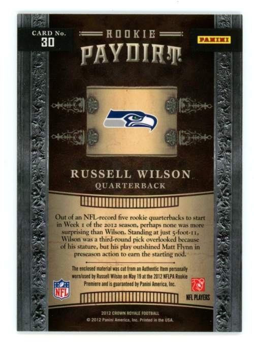 2012 Crown Royale Rookie Paydirt Materials Bronze Retail #30 Russell Wilson back image