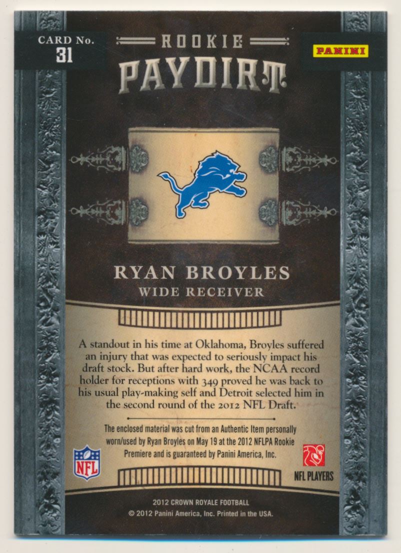 2012 Crown Royale Rookie Paydirt Materials Bronze Retail #31 Ryan Broyles back image