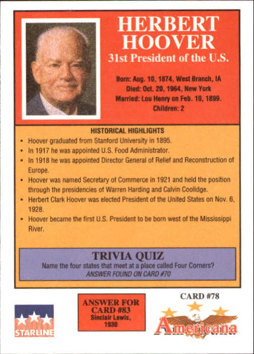 1992 Starline Americana #78 Herbert Hoover back image
