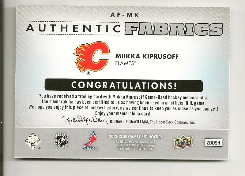 2012-13 SP Game Used Authentic Fabrics #AFMK Miikka Kiprusoff D back image