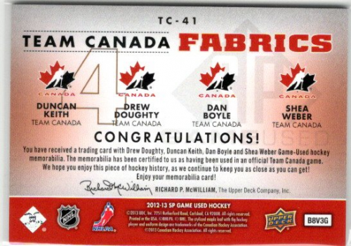 2012-13 SP Game Used Authentic Fabrics Team Canada Quads Patches #TC41 Drew Doughty/Duncan Keith/Dan Boyle/Shea Weber back image