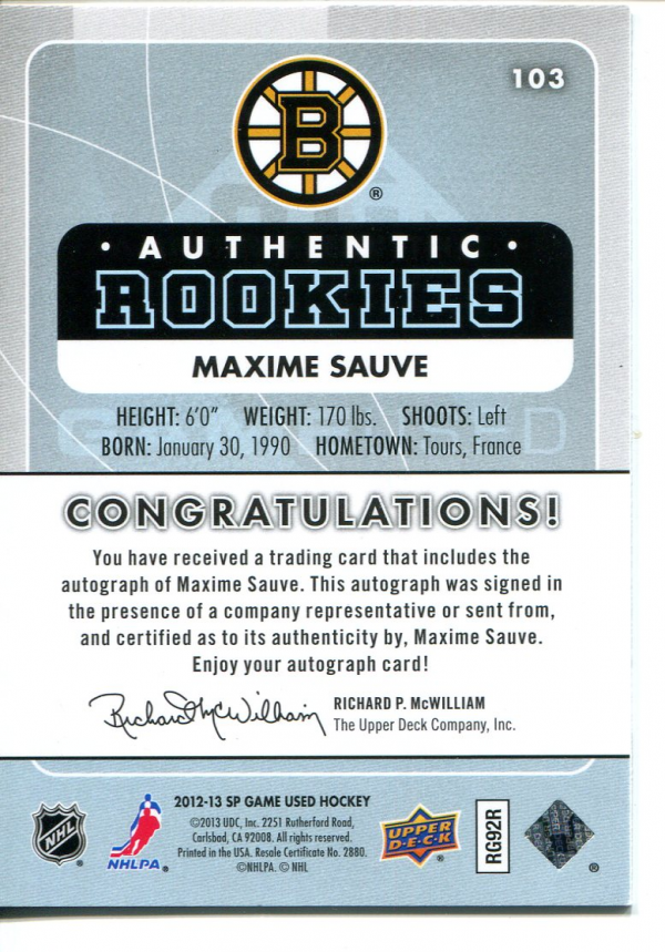2012-13 SP Game Used Gold Autographs #103 Maxime Sauve back image