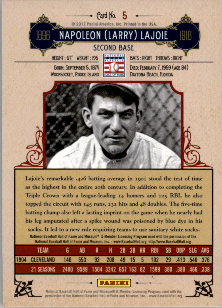 2012 Panini Cooperstown Crystal Collection Red #5 Nap Lajoie back image