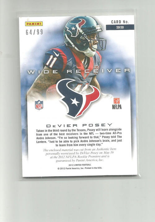 2012 Limited Rookie Jumbo Jerseys #33 DeVier Posey back image