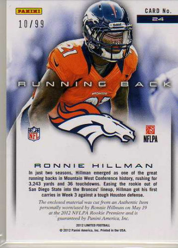 2012 Limited Rookie Jumbo Jerseys Jersey Number #24 Ronnie Hillman/99 back image