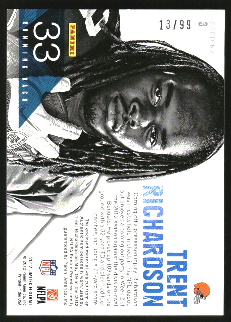 2012 Limited Blue Chip Jerseys #3 Trent Richardson/99 back image