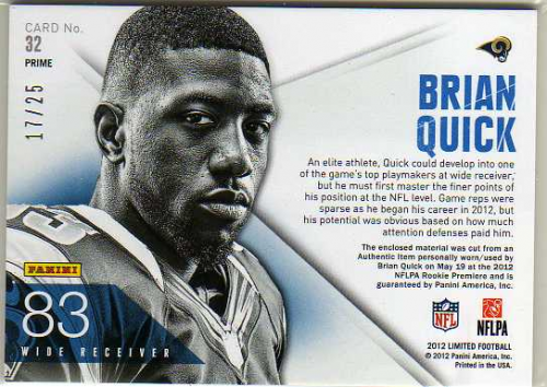 2012 Limited Blue Chip Jerseys Prime #32 Brian Quick back image