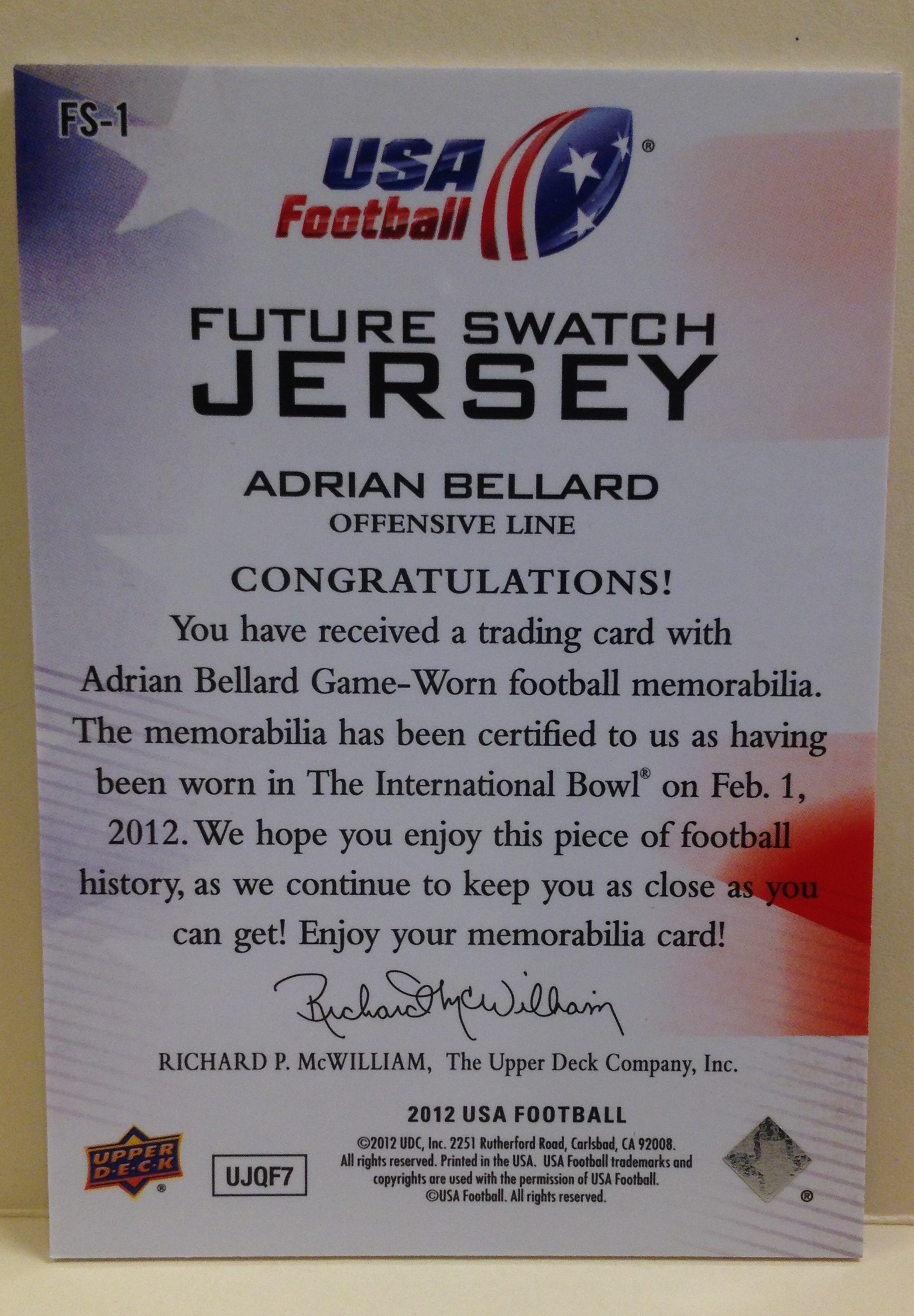 2012 Upper Deck USA Football Future Swatch #FS1 Adrian Bellard back image