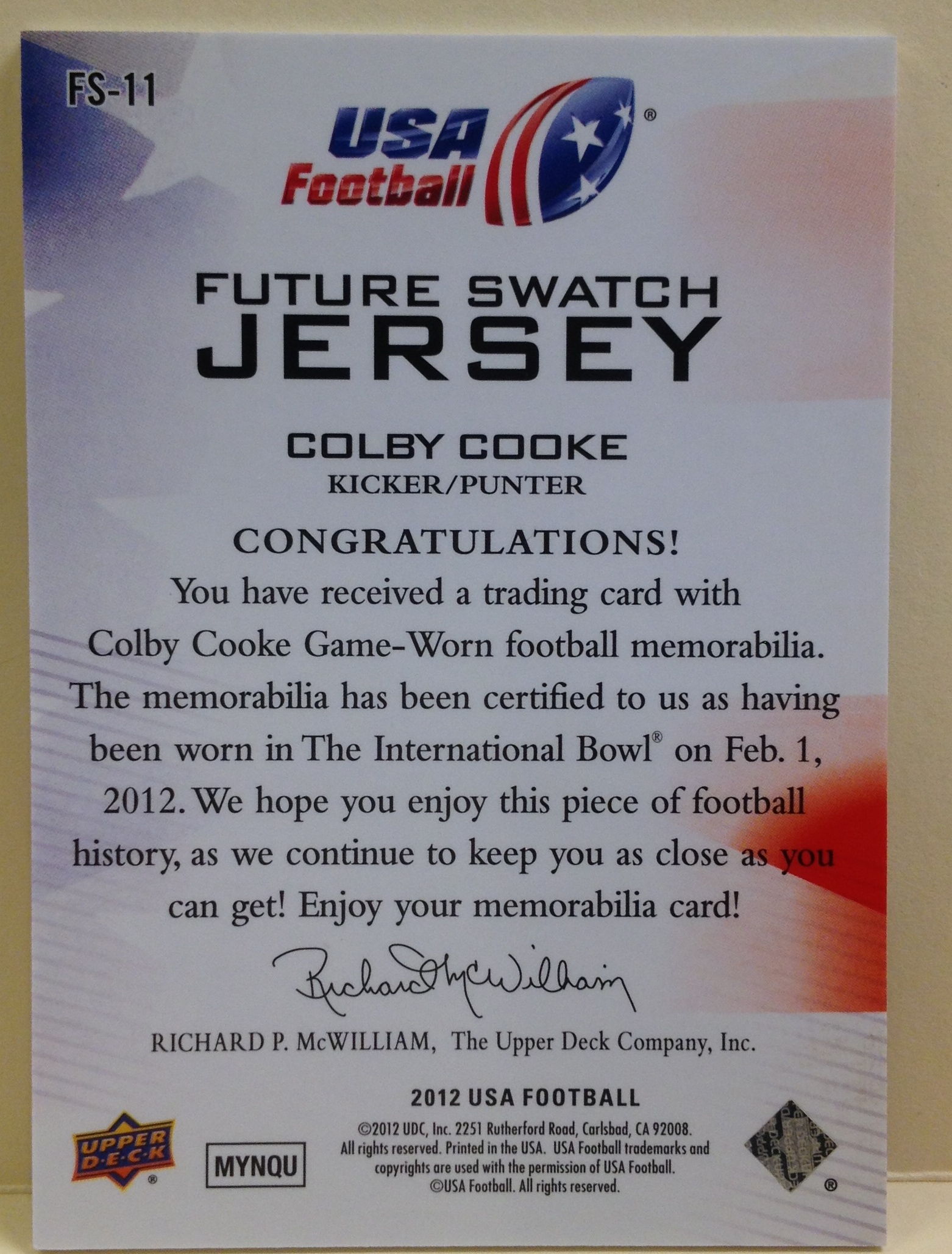 2012 Upper Deck USA Football Future Swatch #FS11 Colby Cooke back image