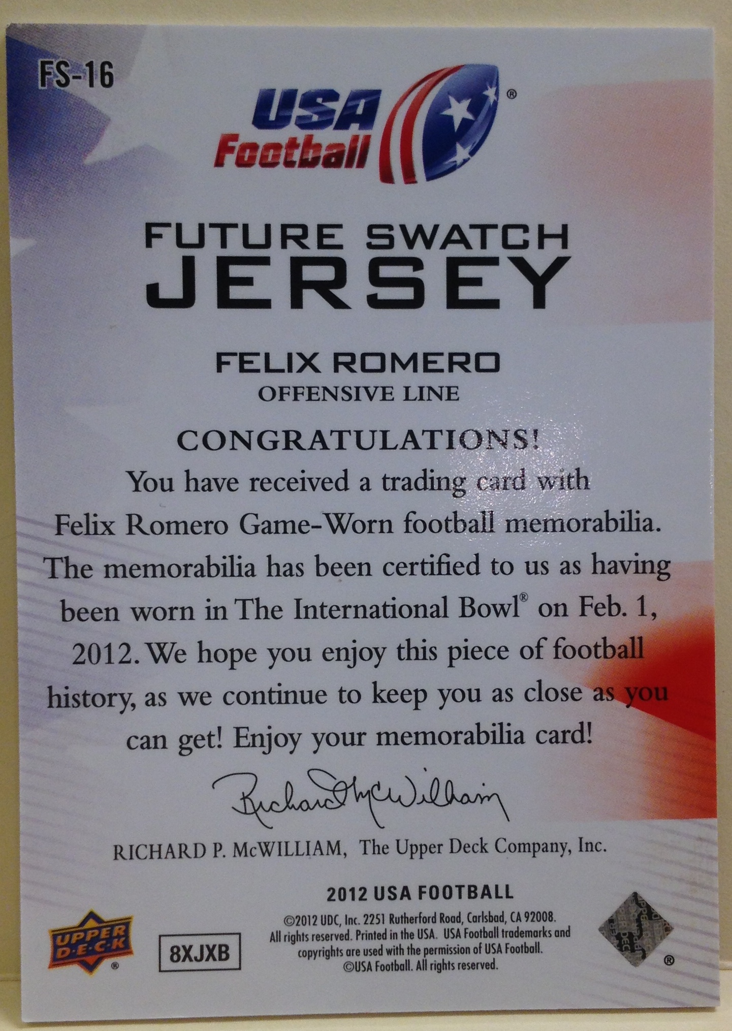 2012 Upper Deck USA Football Future Swatch #FS16 Felix Romero back image