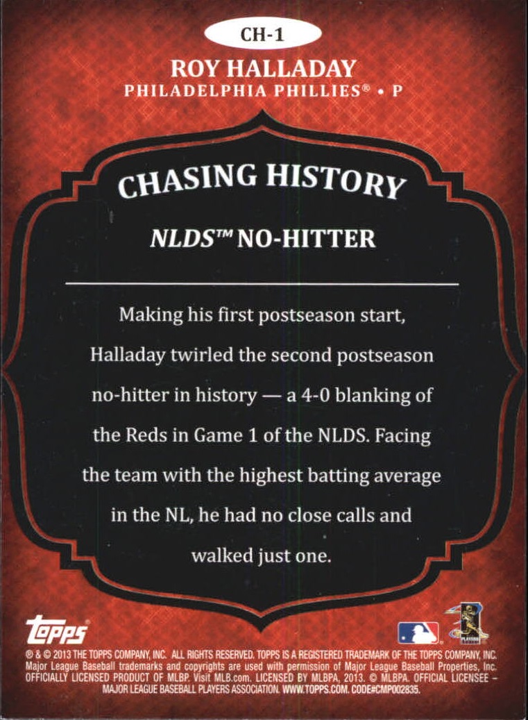 2013 Topps Chasing History #CH1 Roy Halladay back image