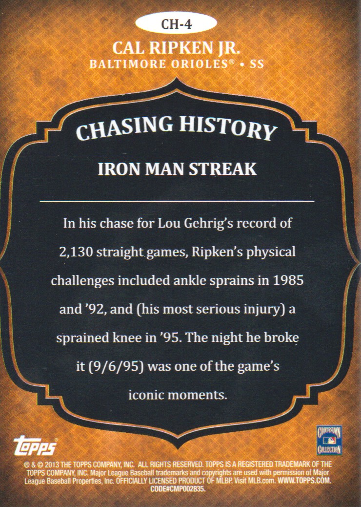 2013 Topps Chasing History #CH4 Cal Ripken Jr. back image