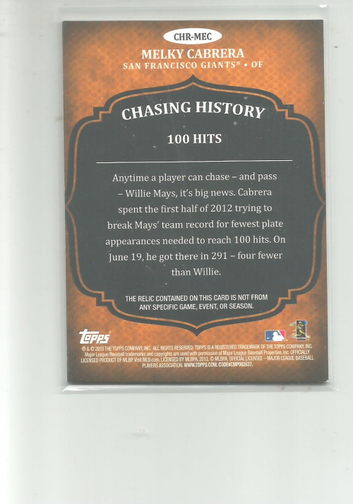 2013 Topps Chasing History Relics #MEC Melky Cabrera back image