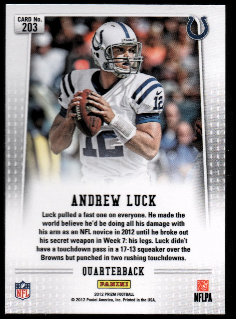 2012 Panini Prizm #203A Andrew Luck RC/(ball at chest) back image