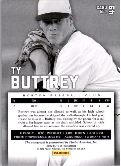 2012 Elite Extra Edition Franchise Futures Signatures #49 Ty Buttrey/499 back image