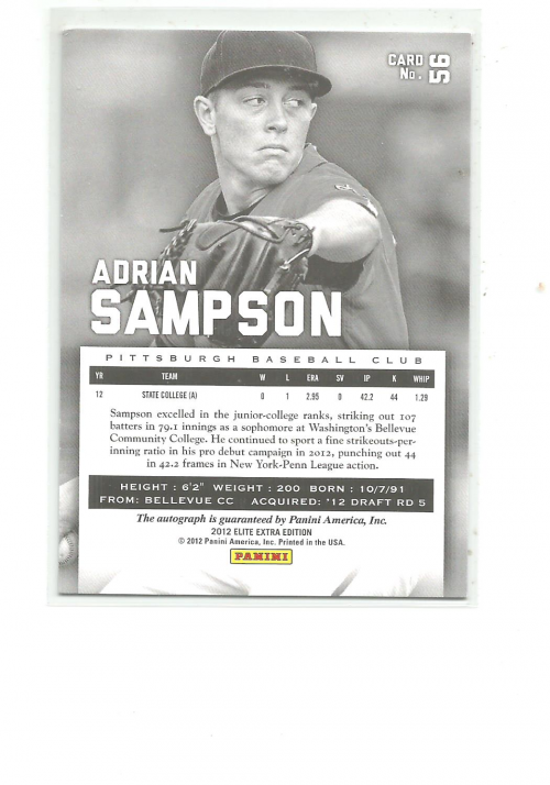 2012 Elite Extra Edition Franchise Futures Signatures #56 Adrian Sampson/180 back image