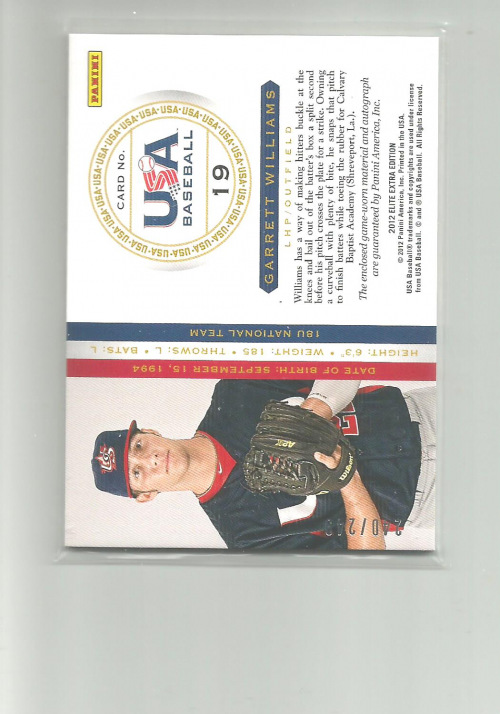 2012 Elite Extra Edition USA Baseball 18U Game Jersey Signatures #19 Garrett Williams back image
