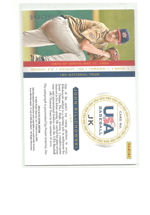 2012 Elite Extra Edition USA Baseball 18U Signatures #9 John Kilichowski back image