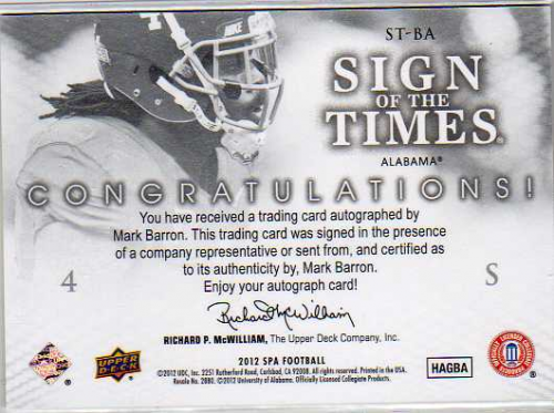 2012 SP Authentic Sign of the Times #STBA Mark Barron back image