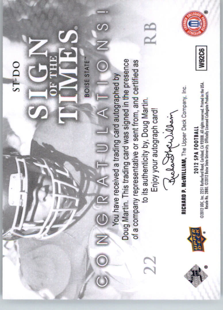 2012 SP Authentic Sign of the Times #STDO Doug Martin back image