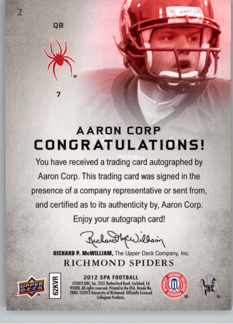 2012 SP Authentic Autographs #2 Aaron Corp back image