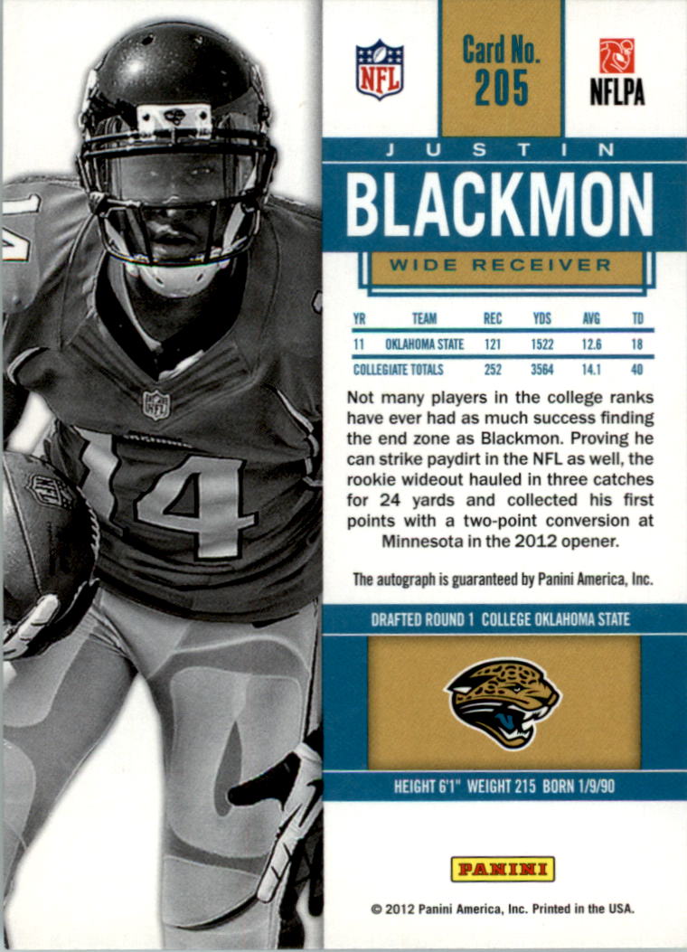 2012 Panini Contenders #205A Justin Blackmon AU/550* RC/(left arm at knee) back image
