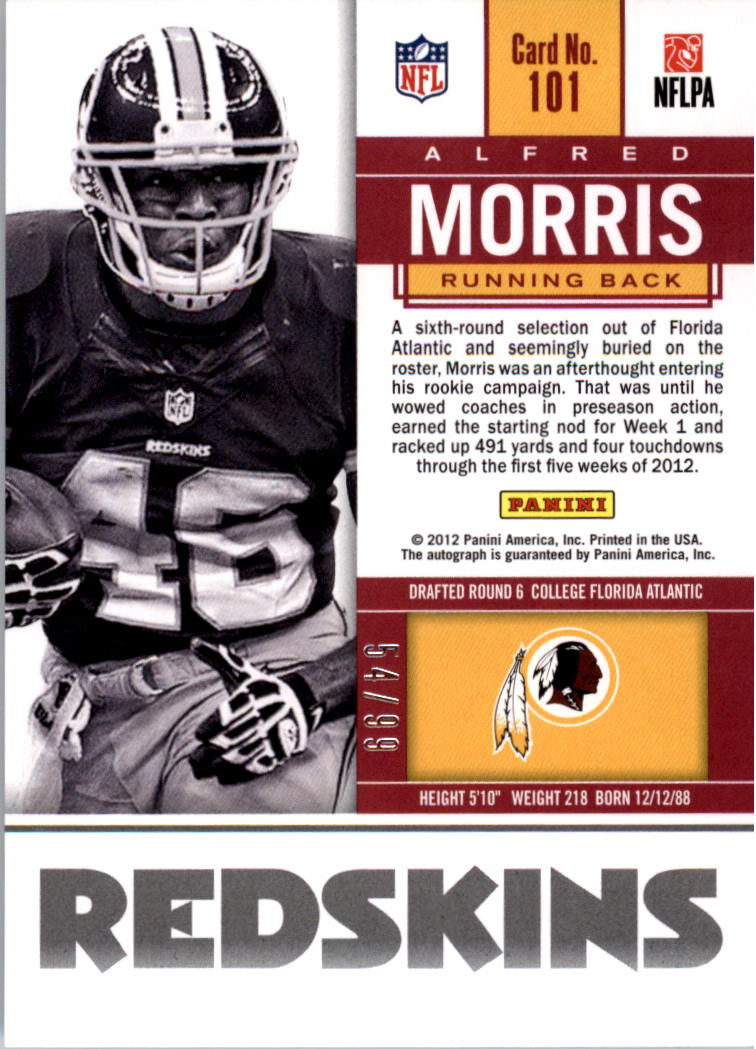 2012 Panini Contenders Playoff Ticket #101 Alfred Morris AU back image