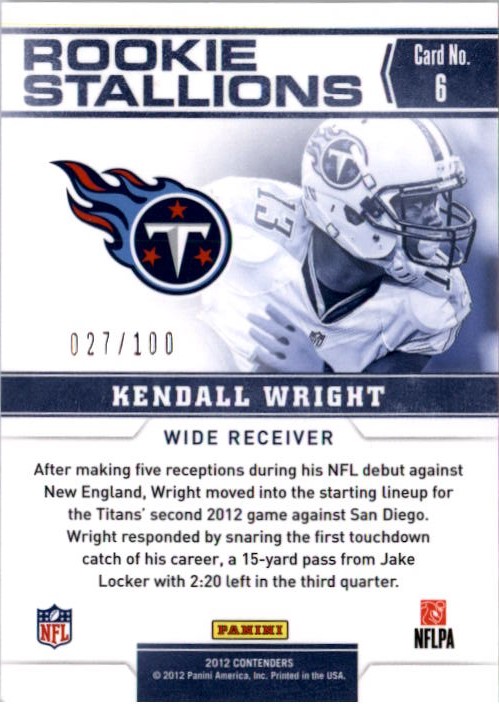 2012 Panini Contenders Rookie Stallions Gold #6 Kendall Wright back image