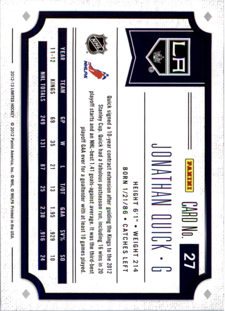 2012-13 Limited Silver #27 Jonathan Quick back image