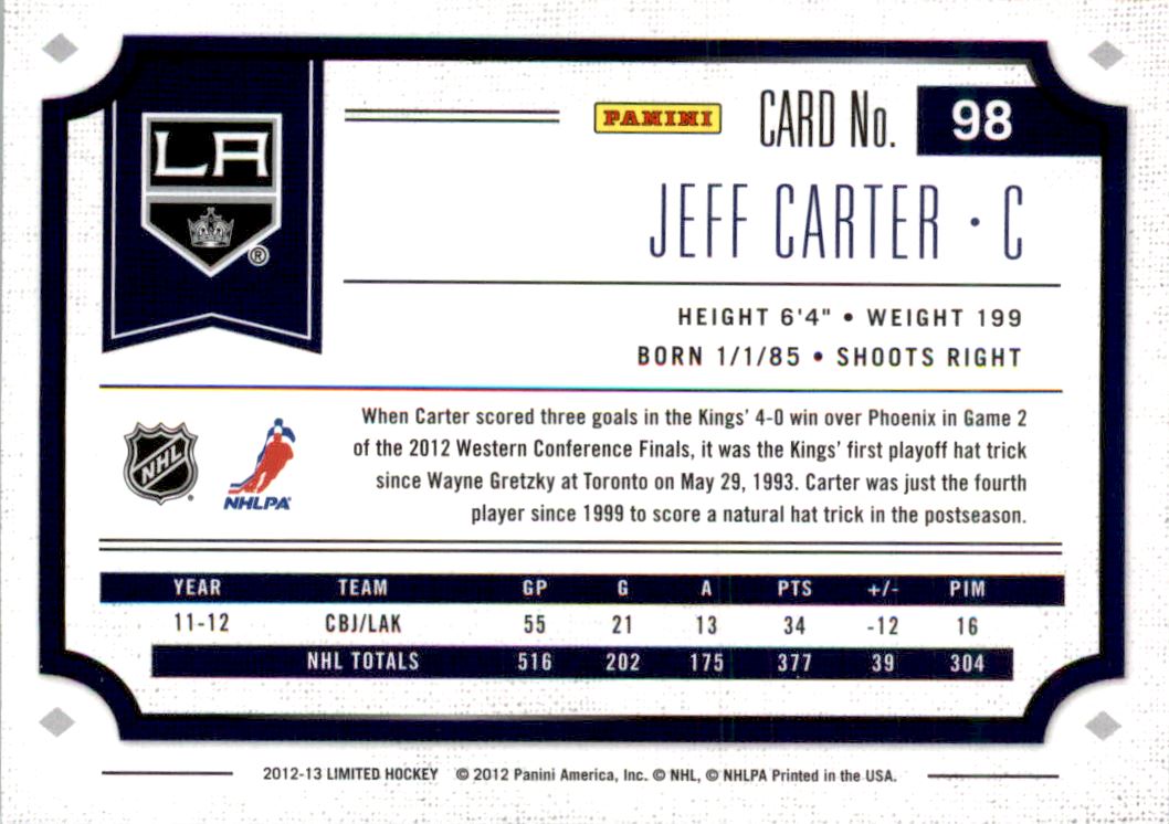 2012-13 Limited Silver #98 Jeff Carter back image