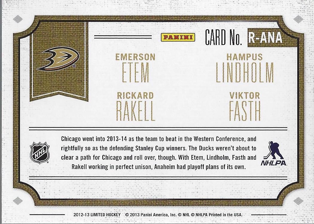 2012-13 Limited Rookie Redemption #1 Emerson Etem/Rickard Rakell/Hampus Lindholm/Viktor Fasth back image