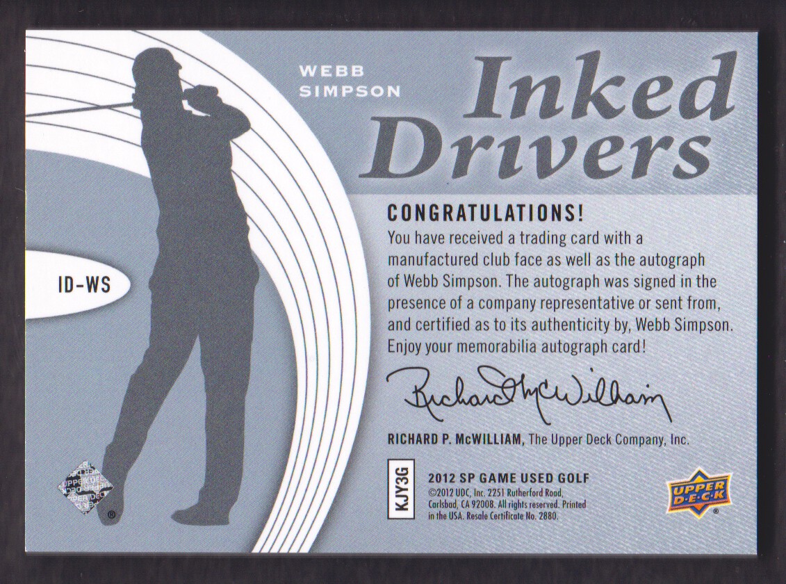 2012 SP Game Used Inked Drivers Silver #IDWS Webb Simpson E back image