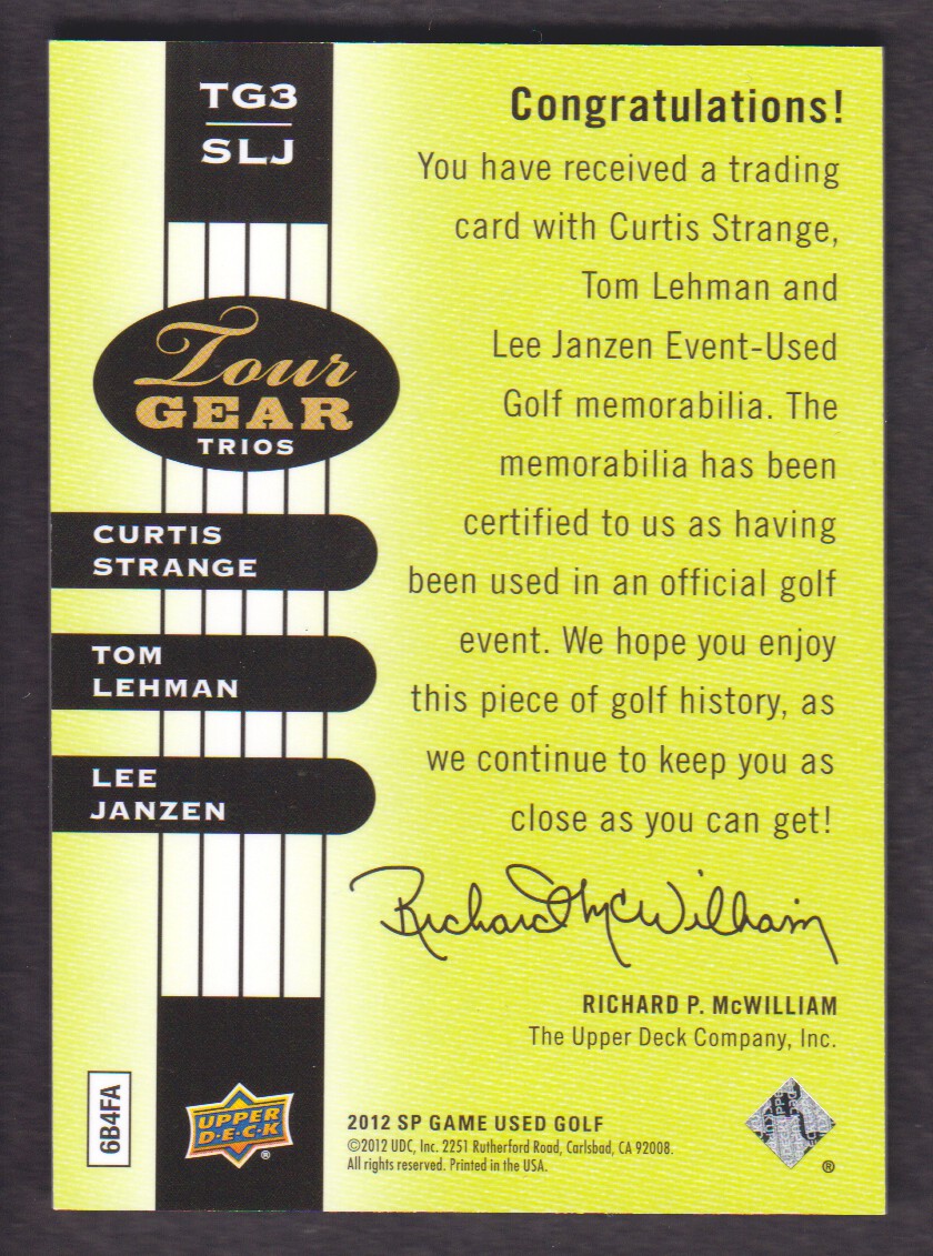 2012 SP Game Used Tour Gear Triple #TG3SLJ Curtis Strange/ Tom Lehman/ Lee Janzen C back image