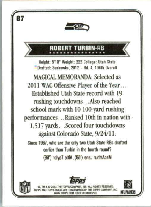 2012 Topps Magic Mini Black Border #87 Robert Turbin back image