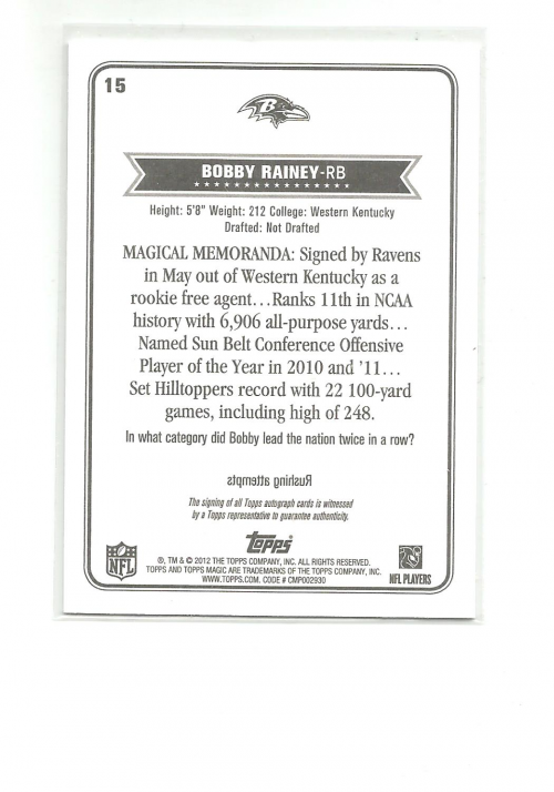 2012 Topps Magic Autographs #15 Bobby Rainey back image