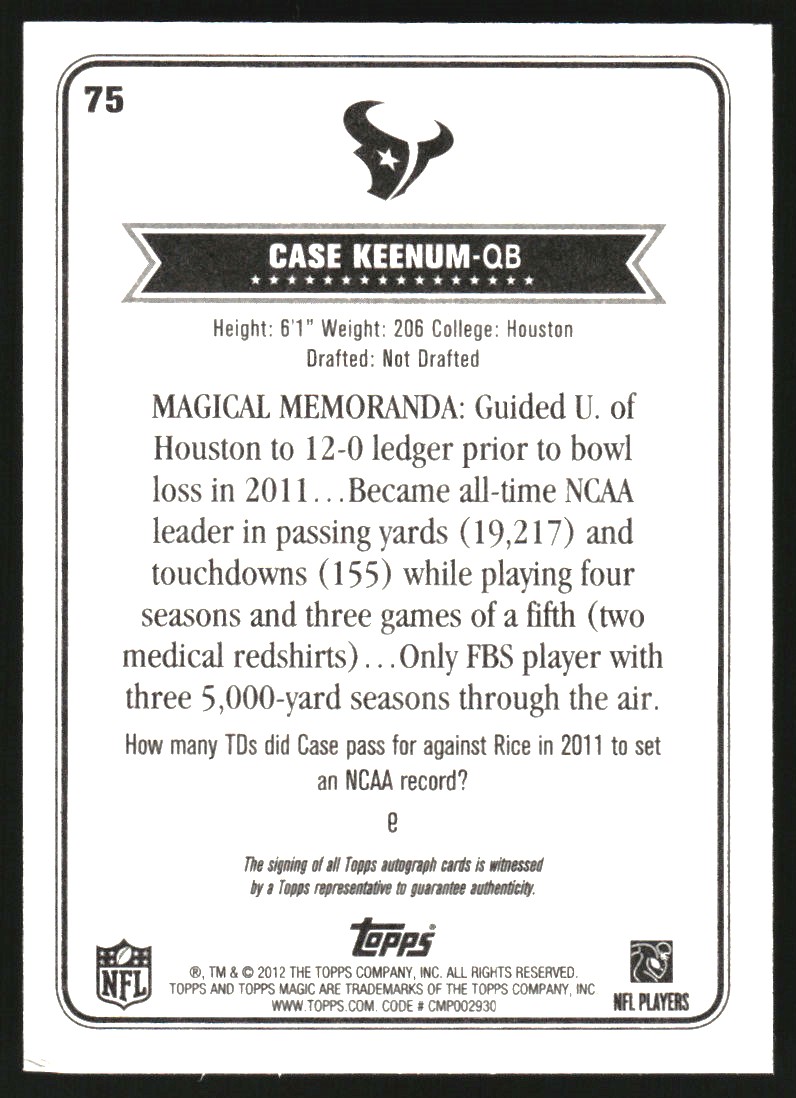 2012 Topps Magic Autographs #75 Case Keenum back image