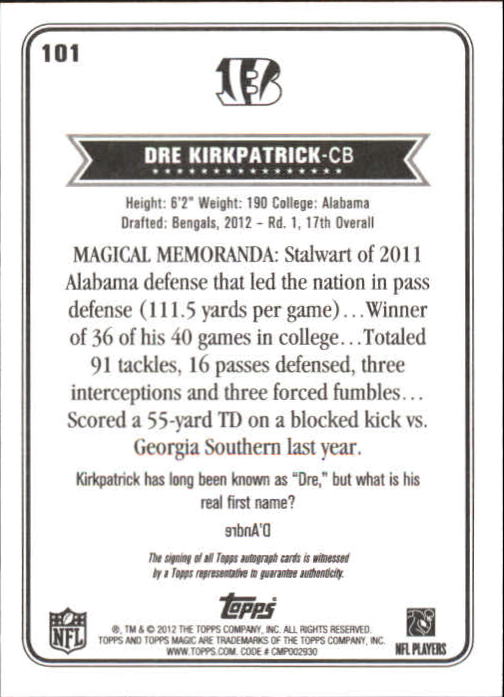 2012 Topps Magic Autographs #101 Dre Kirkpatrick EXCH back image