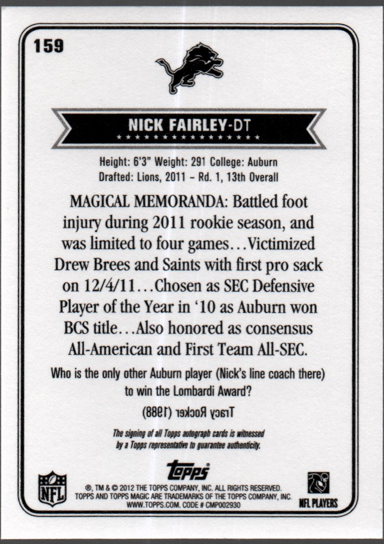 2012 Topps Magic Autographs #159 Nick Fairley back image