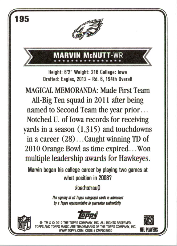 2012 Topps Magic Autographs #195 Marvin McNutt back image
