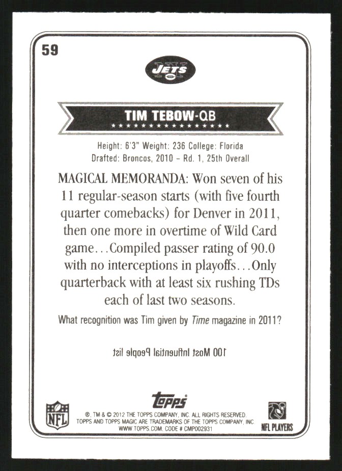 2012 Topps Magic Mini Blue Border #59 Tim Tebow back image