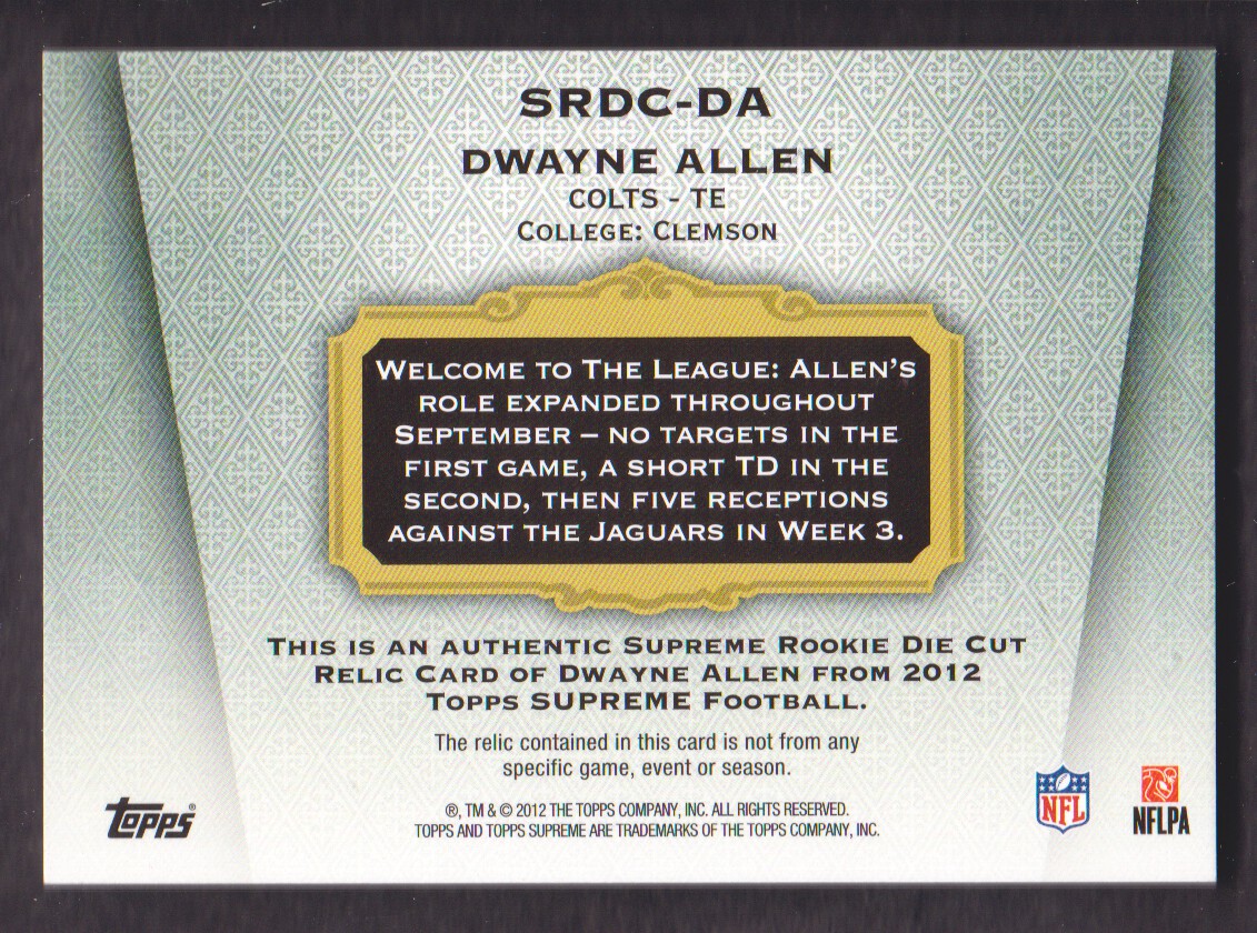 2012 Topps Supreme Rookie Relic Die Cuts Purple Patch #SRDCDA Dwayne Allen back image