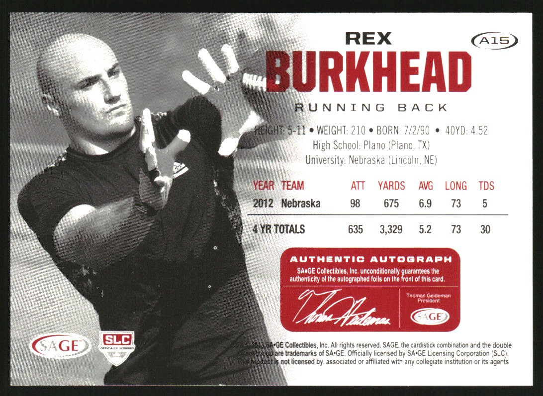 2013 SAGE HIT Autographs Silver #A15 Rex Burkhead back image