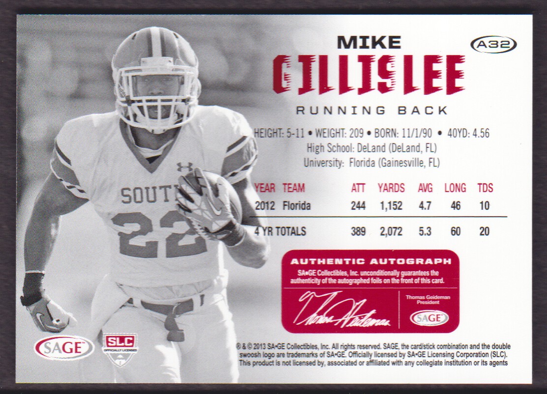2013 SAGE HIT Autographs Silver #A32 Mike Gillislee back image