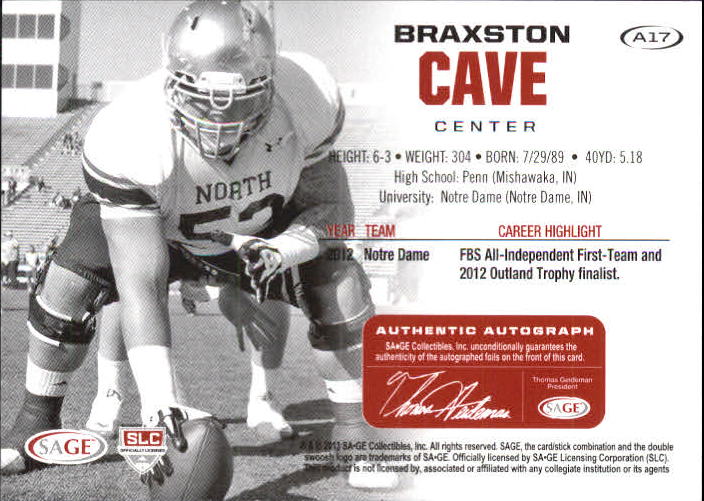 2013 SAGE HIT Autographs Gold #A17 Braxston Cave back image