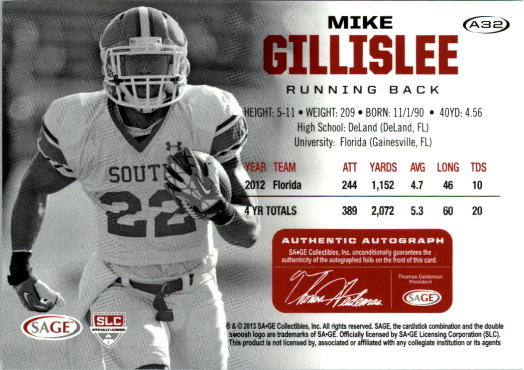 2013 SAGE HIT Autographs Gold #A32 Mike Gillislee back image