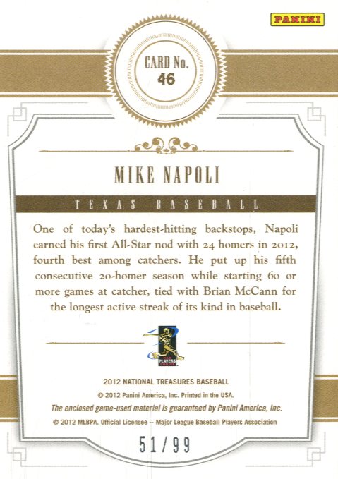 2012 Panini National Treasures Treasure Materials #46 Mike Napoli/99 back image