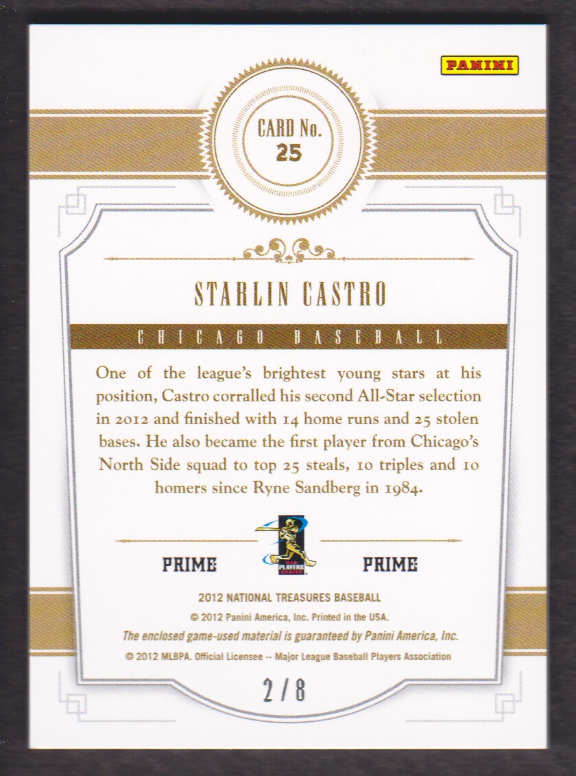 2012 Panini National Treasures Treasure Materials Prime Laundry Tag #25 Starlin Castro/8 back image