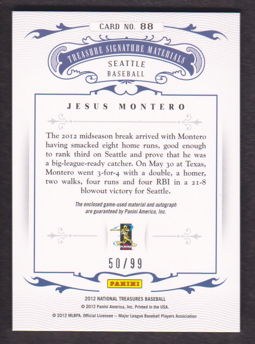 2012 Panini National Treasures Treasure Signature Materials #88 Jesus Montero/99 back image