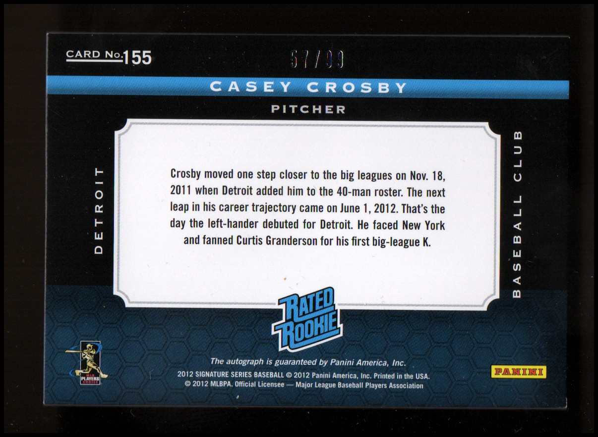 2012 Panini Signature Series #155 Casey Crosby AU/99 RC back image