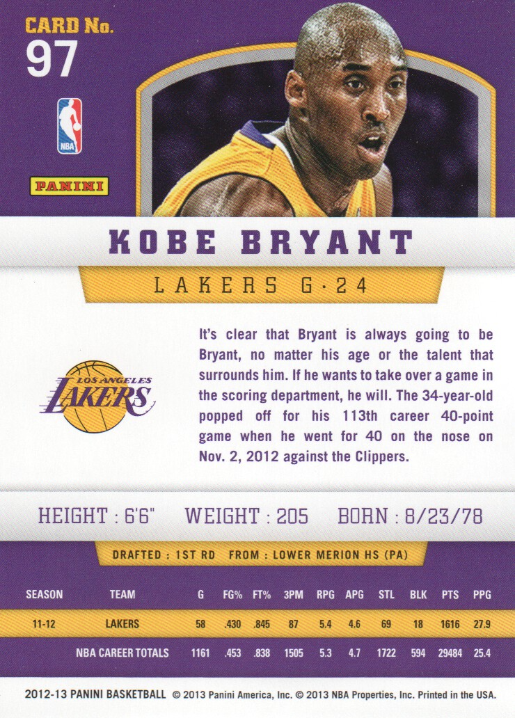 2012-13 Panini #97 Kobe Bryant back image